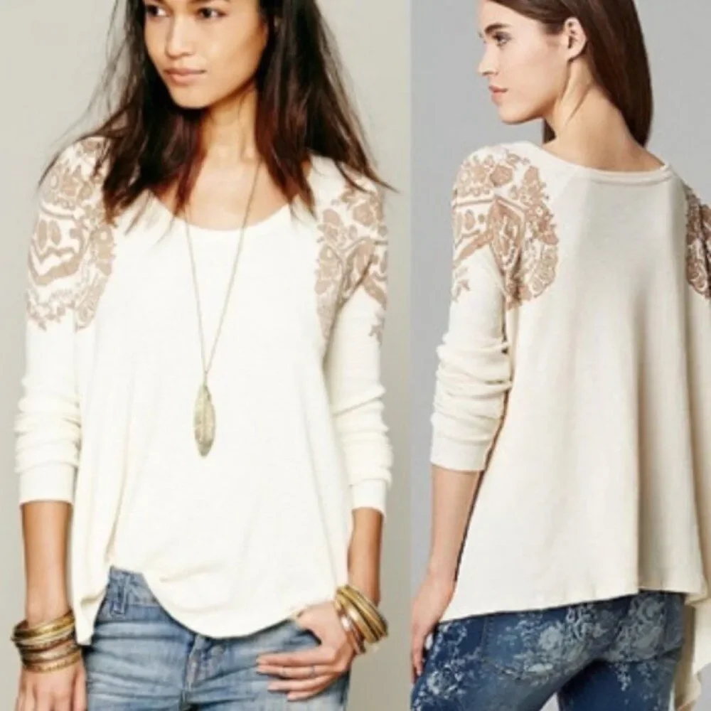 Free People We the Free Rockabilly Printed Raglan Boho Waffle Knit Top Medium